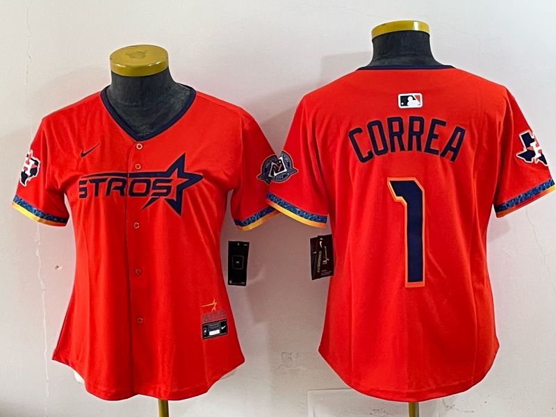 Women 2025 Houston Astros #1 Correa Orange Four generations Joint Name Nike MLB Jersey style 02->women mlb jersey->Women Jersey